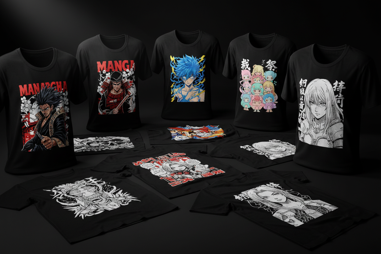 fond noir avec des t-shirt imprimé manga dessus 